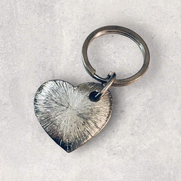 A Heart Keychain Keyring Black Enamel Rhinestones Silvertone - Picture 2 of 2